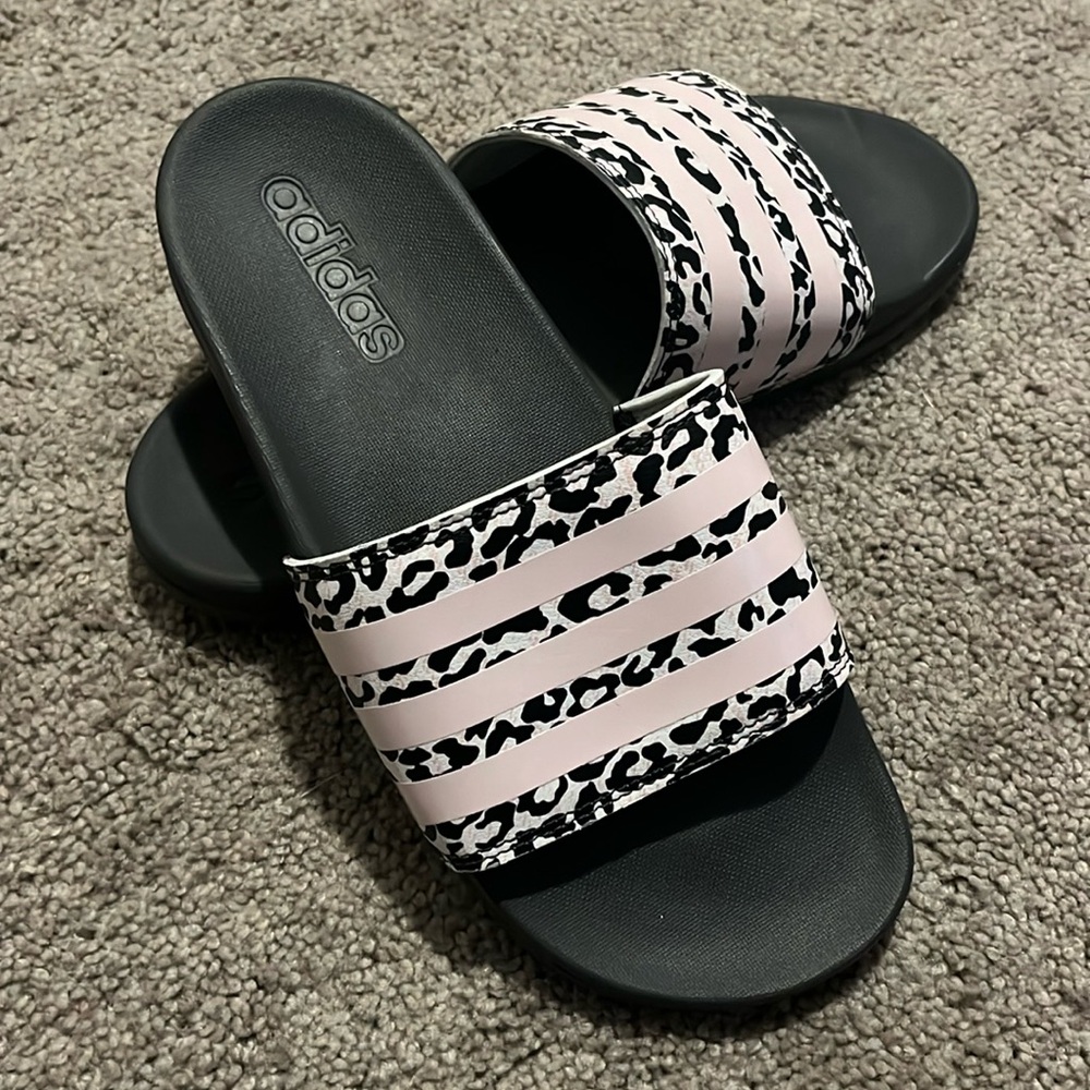 Adidas pink leopard print sandals